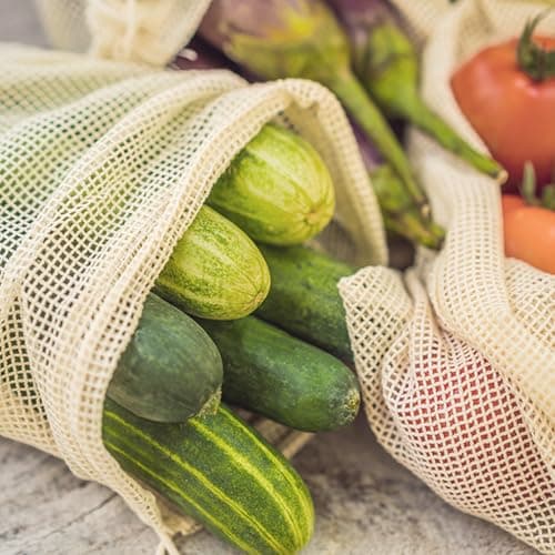 ZEYIYER 3 Pack Vegetable Bags Cotton Drawstring Bag, 35 x 28 cm Big Mesh Produce Bags for Vegetables Fruit, Reusable Produce Bags Washable Net Bags — view 6