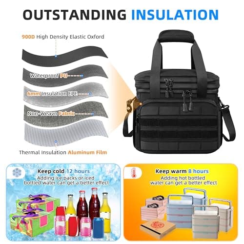 PARTI FISH Cooler bag Lunch Bag 5-Layers Strong Insulated Cool Bag for Men 15-18L 2-Decks Large Expandable Water-Leak-proof Anti-slip-fall Tote Shoulder Lunch Kit Travel Golf Wine Work, Tactical Black — view 4