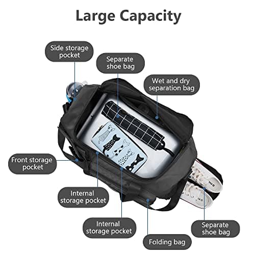 Lightweight Travel Gym Duffel - Foldable Overnight Holdall Bag for Women with Wet/Dry Separation - Cabin Bag for Sports & Travel - Black — view 5
