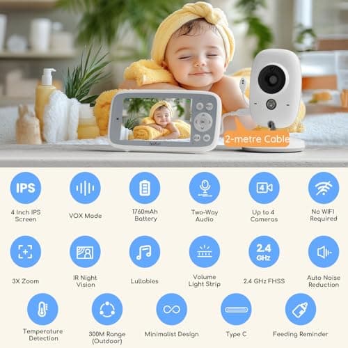 2026 Upgraded Boifun Baby Monitor with Camera and Night Vision, No WiFi, 4-inch Crystal Clear IPS Screen, 2-Way Talk, Temperature & Sound Alerts, 3x Zoom, Lullaby, Feeding Reminder,LED Sound Indicator — view 2