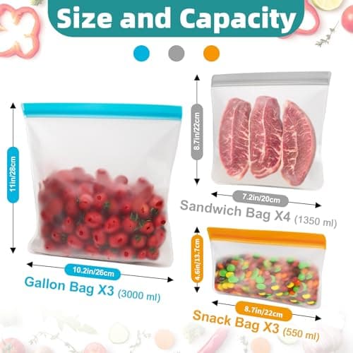 Reusable Sandwich Bag Freezer Bags Ziplock, 10 Pack Silicone Zip Lock Bags Large Vegetable Bags Snack Bag, Plastic Leakproof Food Storage Pouches for Keeping Lunch, Snack, Fruit, Potato, Travel Items — view 5