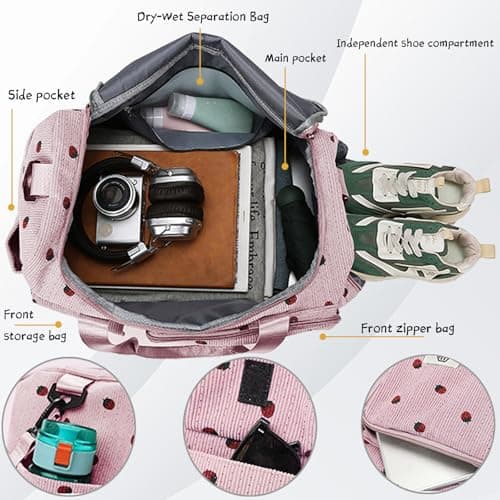 AUNGKWANG Corduroy Strawberry Travel Duffel Bag Set, Dance Bags for Girls with Little Strawberry Wallet, Sports Bags Women Foldable Gym Sports Bag — view 5
