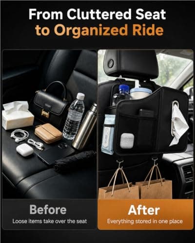 Car Tissue Holder for Back Seat, Premium Back Seat Organizer with Cup Holder & Storage Pockets, Carbon Fiber Look Headrest Tissue Box Holder for Kids, Road Trips, SUV, Truck （Black） — view 5