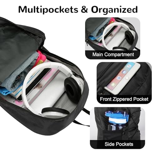 Outplea 15L Ultralight Hiking Backpack for Men Women, Small Foldable Daypack Compact, Waterproof Packable Outdoor Backpack for Travel Sport, Black — view 3