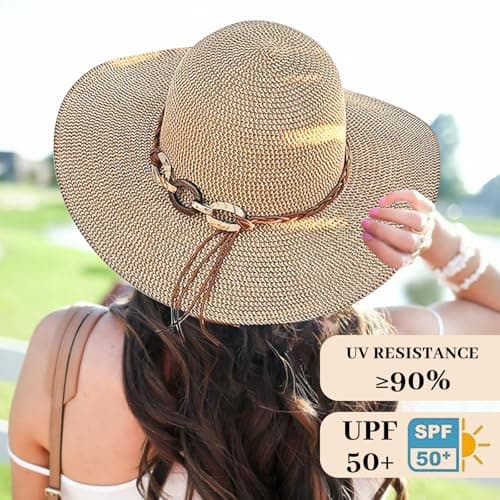 BelleVive Beach Sun Hats for Women, Wide Brim Straw Hat for Women, Summer Hat with Roll-Up Wind Band, Foldable Beach Hat with UV Protection, SPF 50+, Adjustable Strap, Holiday — view 3