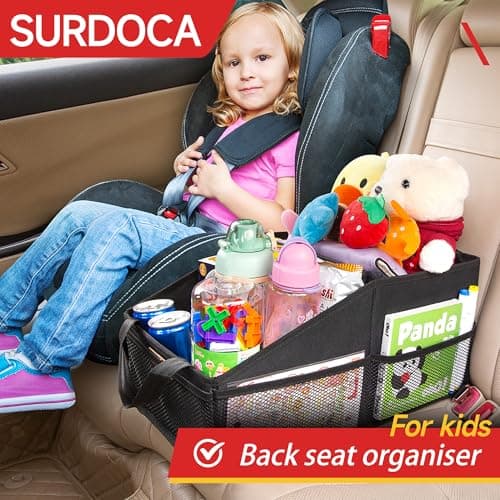 SURDOCA Car Seat Organiser for Front or Backseat, Travel Storage Accessories for Kids, Backseat Organiser with Tray for Toys, Snacks, Cups, Books, Tissue, Tidy and Clean — view 2