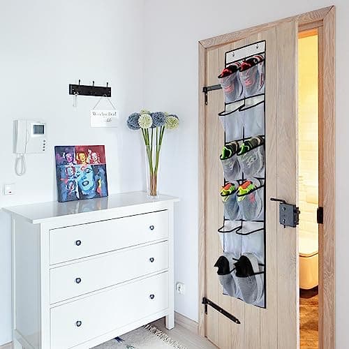 CORTNEY Over the Door Hanging Shoe Storage Holder Organizer, 12 Large Mesh Pockets, 2 Hooks for Shoe & Gadget Storage — view 5
