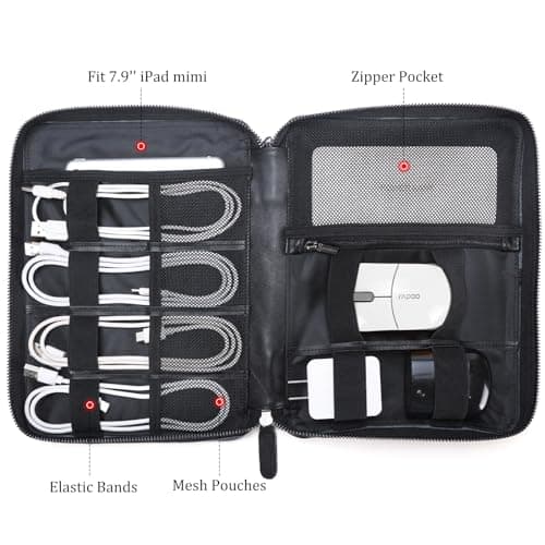 Polare Napa Leather Travel Cable Organizer Case Electronics Accessories Carry Bag with YKK Zippers Tech Storage Bag for Cables, Power Bank, USB, SD Card, Travel Essentials(Black) — view 3