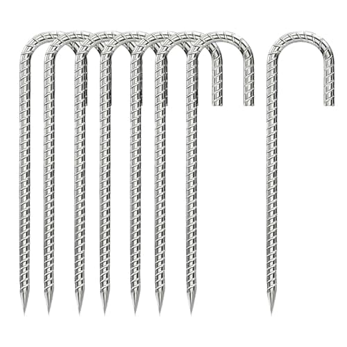 8Packs 12inch Tent Pegs Heavy Duty Trampoline Tents Anchor Ground Pegs - Galvanized Steel Rust-Proof J Hook Rebar Stakes Fit Trampolines Outdoor Camp Garden Shed Swings Canopies with Chisel Point End