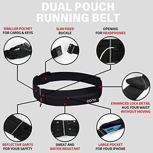 Eono Water Resistant Running Belt with Adjustable Elastic Strap, Large Capacity Running Waist Pack for Workouts, Exercise, Cycling, Walking, Travel & Outdoor Activities (Black) — view 3