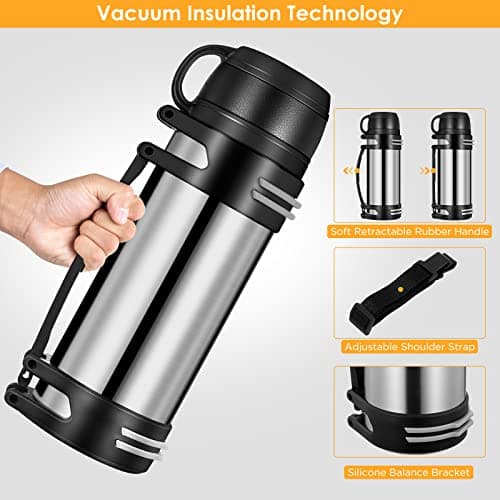 Flask for Hot Drinks, 2L Stainless Steel Thermal Bottle with Cup, Large Capacity Vacuum Insulated Flask Leakproof Hot Water Bottle with Adjustable Handle for Outdoor Travel Hiking Camping — view 6