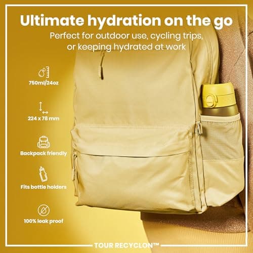 ION8 Sports Water Bottle, 750 ml/24 oz, Leak Proof, Easy to Open, Secure Lock, Dishwasher Safe, BPA Free, Flip Cover, Carry Handle, Soft Touch Contoured Grip, Easy Clean, Odour Free, Yellow — view 2