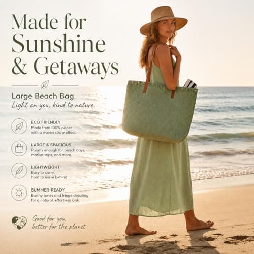 Woodland Leathers Womens Beach Bag, Large Paper Straw Beach Bag, Woven Summer Tote Shoulder Shopper Handbag with PU Leather Straps Lightweight Open Top Holiday Bag (Green, Large) — view 2