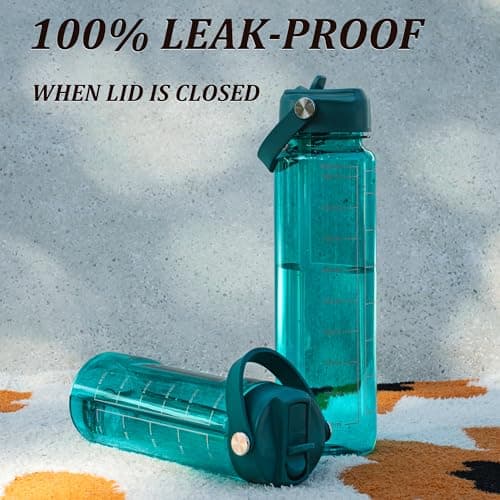 GOPPUS 600ml/20oz Clear Water Bottle with Straw, Tritan Leakproof Sports Drinking Bottle, BPA Free Wide Mouth Gym Bottle with Handle and Measurement Marks for School, Gym, Travel (Teal Blue) — view 5