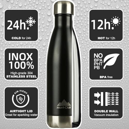 Mont-Clair H2O Stainless Steel Water Bottle, Vacuum Insulated - BPA Free, 12h Hot & 24h Cold Drinks, Metal Water Bottle 500ML Leakproof, Ideal for Adult, Kids, Running - Black — view 2