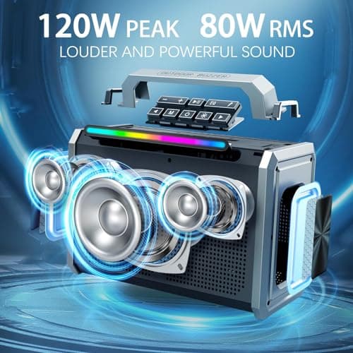 TYOTY Portable Bluetooth Speaker 80W Loud Wireless Outdoor Stereo Sound Deep Bass IPX5 Waterproof Big Powerful Large Party Speakers with Colorful LED Lights, USB for Home Travel Camping (Black) — view 2