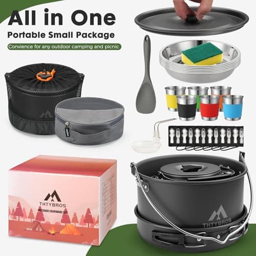 THTYBROS 43-Piece Camping Cookware Set,Large Mess Kit for 6 Persons,with 4.75QT Pot,2.1QT Kettle,Frying Pan,Cups,Utensils and Tableware,Heavy Duty Aluminum Cook Set for Outdoor Camping,Hiking,Picnic — view 5