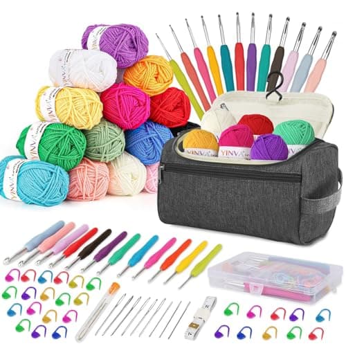 YINVA Crochet Kits for Beginners Adults Crochet Kit 15Pcsx25g Crochet Yarns Ergonomic Metal Crochet Hooks 2mm-8mm Knitting Accessories Tools Storage Case Needles Crochet Starter Kit-Grey