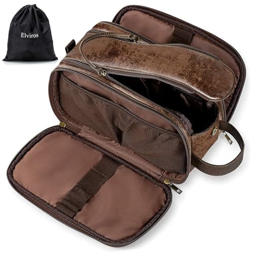 Water-Resistant Leather Toiletry Bag for Men, Women Large Travel Wash Bag Shaving Dopp Kit Bathroom Gym Toiletries Makeup Organizer with Free Wet Dry Bag (Chocolate)