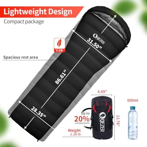 QEZER Down Sleeping Bag,Lightweight Rectangular Winter Sleeping Bag [1180g/1860g] for Adults and Kids 4 Season Camping, Hiking,Warehouse and Moutaineering Outdoor (Black, 500g down) — view 2