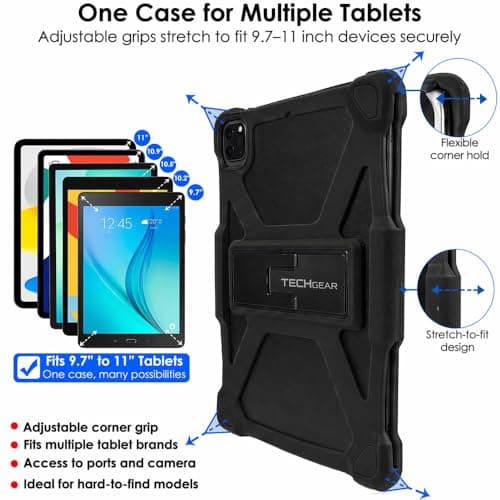 Universal Tablet Case 10 Inch - Rugged Adjustable Bumper Cover with Stand for 9.7-11" Tablets, Shockproof Protective Case Compatible with Lenovo, Xiaomi Redmi Pad, Honor, Android Tablets (Black) — view 2