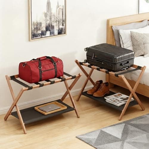BAMBOOHOMIE Bamboo Luggage Rack for Guest Room, 26.77" Folding Wide Suitcase Stand with Fabric Storage Shelf, Luggage Stand Holder for Bedroom Hotel, Luggage Rack for Suitcases (2 Pack - Tea brown) — view 5