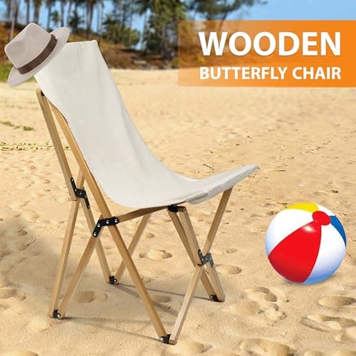 Crystals Folding Butterfly Chair, Beech Wood & Canvas, Beige, Outdoor, Garden, Patio, Foldable, Rustic, Recliner, 150Kg Capacity — view 6