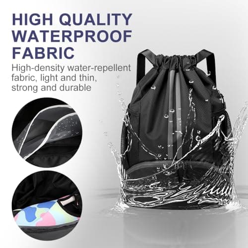 GAOHUI Drawstring Bags, Waterproof Backpack Swimming Bag for Kids, Gym Bags with Shoe Compartment, PE Sports Bag for Sports School Beach Holidays Swimming Travel (Black) — view 2