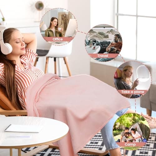 Caffney 2 in 1 Travel Blanket and Pillow, Soft Warm Flannel Airplane Blanket with Storage Bag & Backpack Clip, Compact Foldable Blanket for Long Flights, Train, Car, Office, Camping (Pink) — view 6