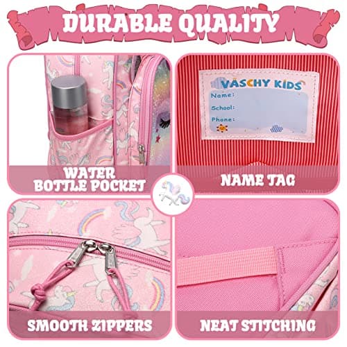 VASCHY 11.5L Lightweight Backpack for Boys Girls Water Resistant Backpack with Reflective Chest Strap with Elastic Bottle Pockets for Kindergarten, Glitter Unicorn, Taille unique, daypack backpack — view 6