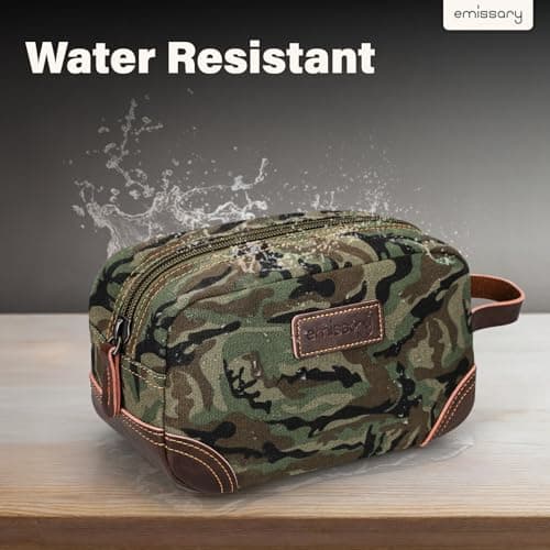 emissary Men's Canvas Travel Toiletry Bag, Leather Dopp Kit, Camo-Green, L, Luxury Travel Essentials for Men — view 6