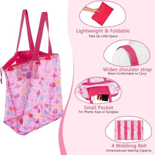 LAHAQIQI Extra Large Mesh Beach Toy Tote Bag with Drawstring- Foldable Lightweight Swimming Travel & Summer Essentials for Women Kids (Rose Red Seashell) — view 4