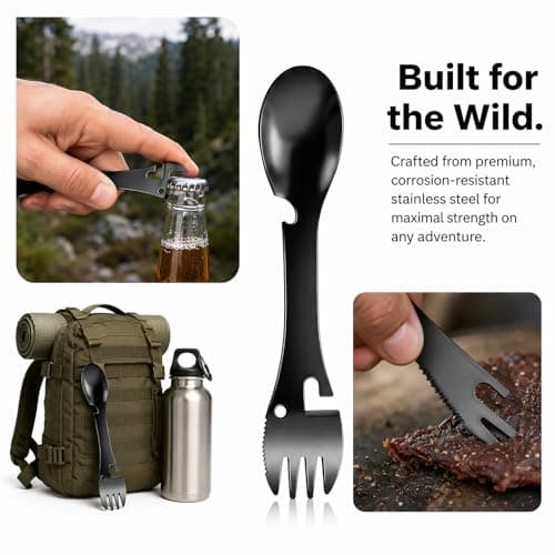 SOLVIO Premium Stainless Steel Camping Spork - 5 in 1 Travel Cutlery Set with Knife Fork Spoon Bottle Can Opener - Reusable Portable Utensils for Outdoor Hiking Picnic — view 6