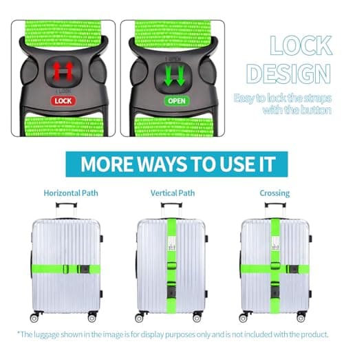 BILIONE Luggage Straps Adjustable Suitcase Straps, Lockable Against Accidental Opening, Easy to Identify Travel Accessories, Add a Bag Connector Holds Suitcase Together (2-Energetic Green) — view 2