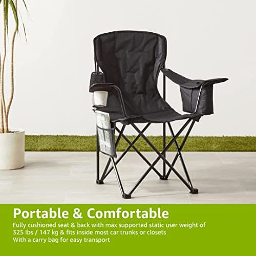 Amazon Basics Comfortable, Heavy Duty, Portable Camping Chair with 4-Can Cooler, Side Pocket, Cup Holder, and Carry Bag, Collapsible for Camping, Fishing, Beach, and Backpacking, XL, Padded, Black — view 5
