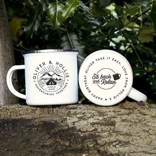 eBuyGB Personalised Adventuring Together Enamel Coffee Mug - 13oz Travel Camping Metal Tea Cup, Couples Gifts, 10th Anniversary Tin Gift (380 ml, 1 Mug) — view 2