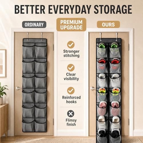 EXQUIMA Over Door Shoe Storage, Hanging Organizer with 14 Large Mesh Pockets and 2 Metal Hooks, 29x165cm, Breathable Non-Woven Fabric, Space Saving, Durable and Foldable, Ideal for Shoes, Toys,Closet — view 6