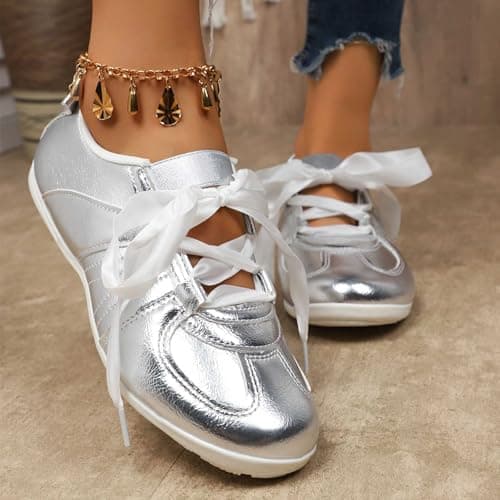 Women Shoe,Ladies Trainers,Fashion Solid Color Low Top Casual Shoes Comfortable Daily Walking For Ladies Breathable Slip On Loafers (Silver, 4.5) — view 5