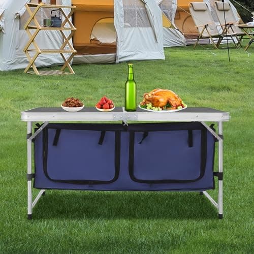Eieblek Folding Table Camping, Camping Kitchen Table with Storage, Folding Outdoor Cooking Table, 3 Adjustable Height(54-70cm), for BBQ Party Picnic RV Travel — view 2