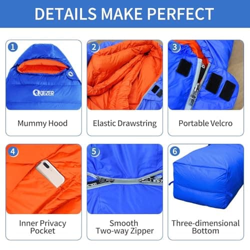 QEZER Down Sleeping Bag 4 Season, Lightweight Winter Sleeping Bag 7 Degree to -2 Degree for Adults and Kid Camping, Hiking and Backpacking Outdoor Filled 600+FP Down (sapphire800) — view 6