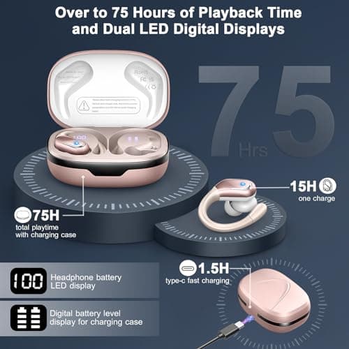 Wireless Earbuds, Ltinist Bluetooth 5.3 Headphones, Wireless Earphones 75H Playtime and HiFi Stereo Sound with Mic, Dual LED Display, IP7 Waterproof in Ear EarHooks, USB-C, Headsets for Sport, Running — view 3