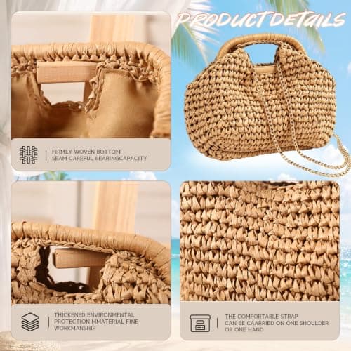 WHGHG 1 Pack Raffia Crossbody Bags for Women, Brown Straw Bag with Canvas Lining, Boho Raffia Clutch Bag for Summer Beach Holiday Wedding, Handwoven Shoulder Handbag, Eco-Friendly Vacation Purse — view 3