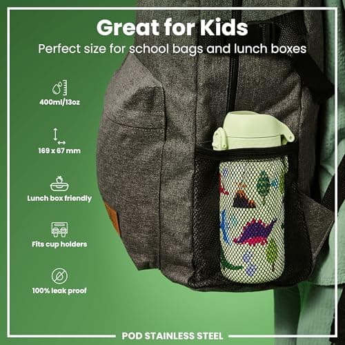 Ion8 Kids Water Bottle, Steel 400 ml/13 oz, Leak Proof, Easy to Open, Secure Lock, Dishwasher Safe, Flip Cover, Carry Handle, Easy Clean, Durable, Metal Water Bottle, Raised Print, Dinosaurs — view 2