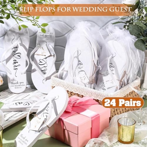 Breathffy 24 Pairs Wedding Flip Flops Bulk Slippers Flip Flops Women Wedding Sandals with Size Cards Drawstring Bags, White, Small-X-Large — view 5
