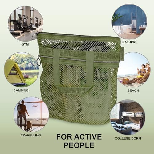 DV Lifestyle Mesh Shower Bag 25 x 26cm Caddy with Zipper & 2 Pockets. Quick-Dry Portable Toiletry Tote for Bathroom, Gym, Travel, Camp, Beach, for Sunscreen, Dorm & College Essentials (Olive Green) — view 4