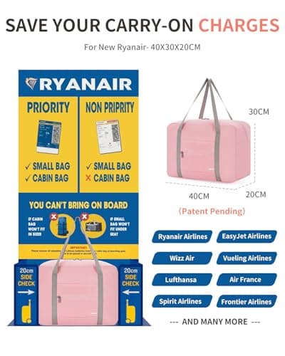 WANDF for New Ryanair Cabin Bags 40x30x20 Underseat Travel Bag Carry On Hand Luggage Water-Resistant Holdall Overnight Weekend Bag for Women Men (Pink) — view 2