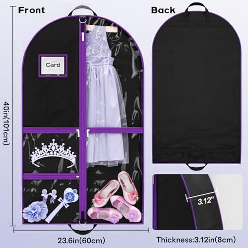 Costume Garment Bags for Dancers, Garment Bags with 3 Clear Zipper Pockets, Clothes Covers Protector Bags for Suits, Travel & Sports Jersey, Cheer Uniform, Cosplay (Purple, 1 Pack (40inches)) — view 3