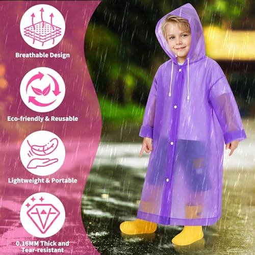 Domueay Rain Poncho Kids 2 Pack Waterproof Reusable EVA Rain Coat with Hood for Boys Lightweight Foldable Raincoat Breathable Unisex Rain Jacket for Outdoor Camping Travel, Pink and Purple — view 3