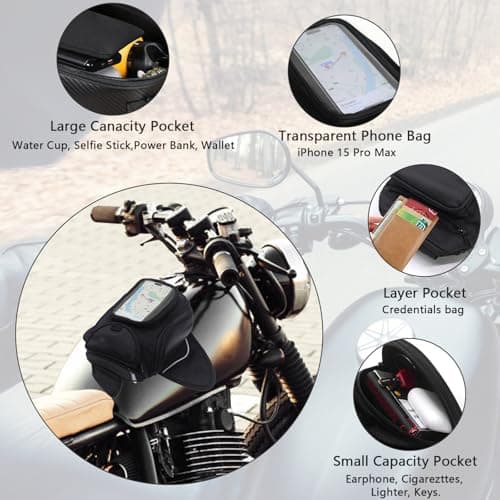 dentedeleao Motorcycle Tank Bag Waterproof Oxford Motorbike Universal Magnetic Bag with Removable Straps and Transparent Pocket — view 2