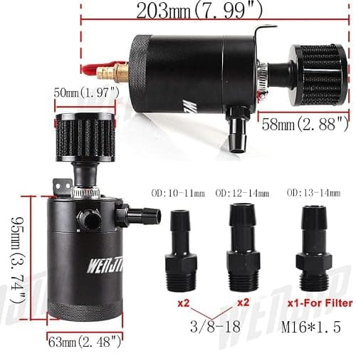 WENJTP Oil Catch Can Kit with 4 Adapters + Breather Filter Drain Valve Plug 2 Ports (1 oulet + 1 inlet) 150ml Universal Aluminum Baffled Oil Reservoir Tank Oil Separator HTRACING (Red) — view 2
